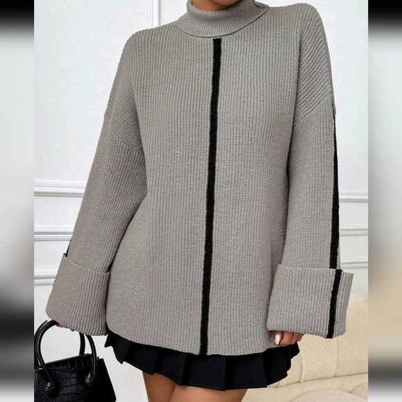 Women's Casual Contrast Color Fold Cuff Turtleneck Sweater, Autumn/ - Picture 3 of 6